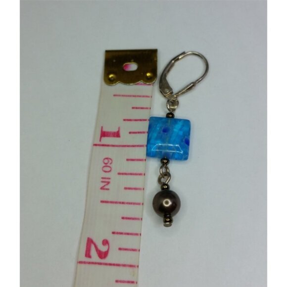 𝅺Vintage sterling silver 925 blue millefiori glass earrings dangle drop. - Picture 2 of 2